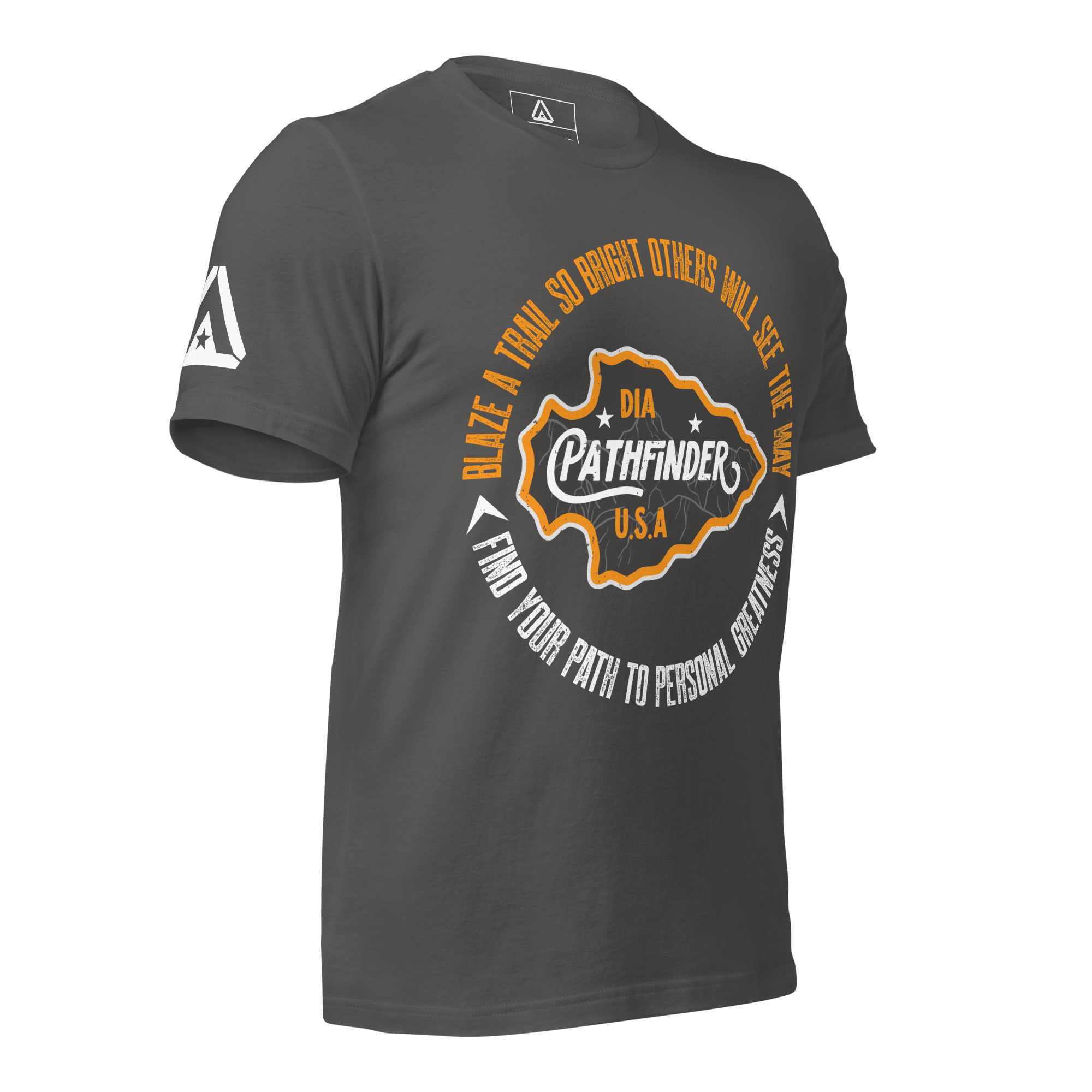 asphalt gray t-shirt, three-quarter view, featuring a circular Pathfinder graphic on the chest and a DIA logo on the sleeve.