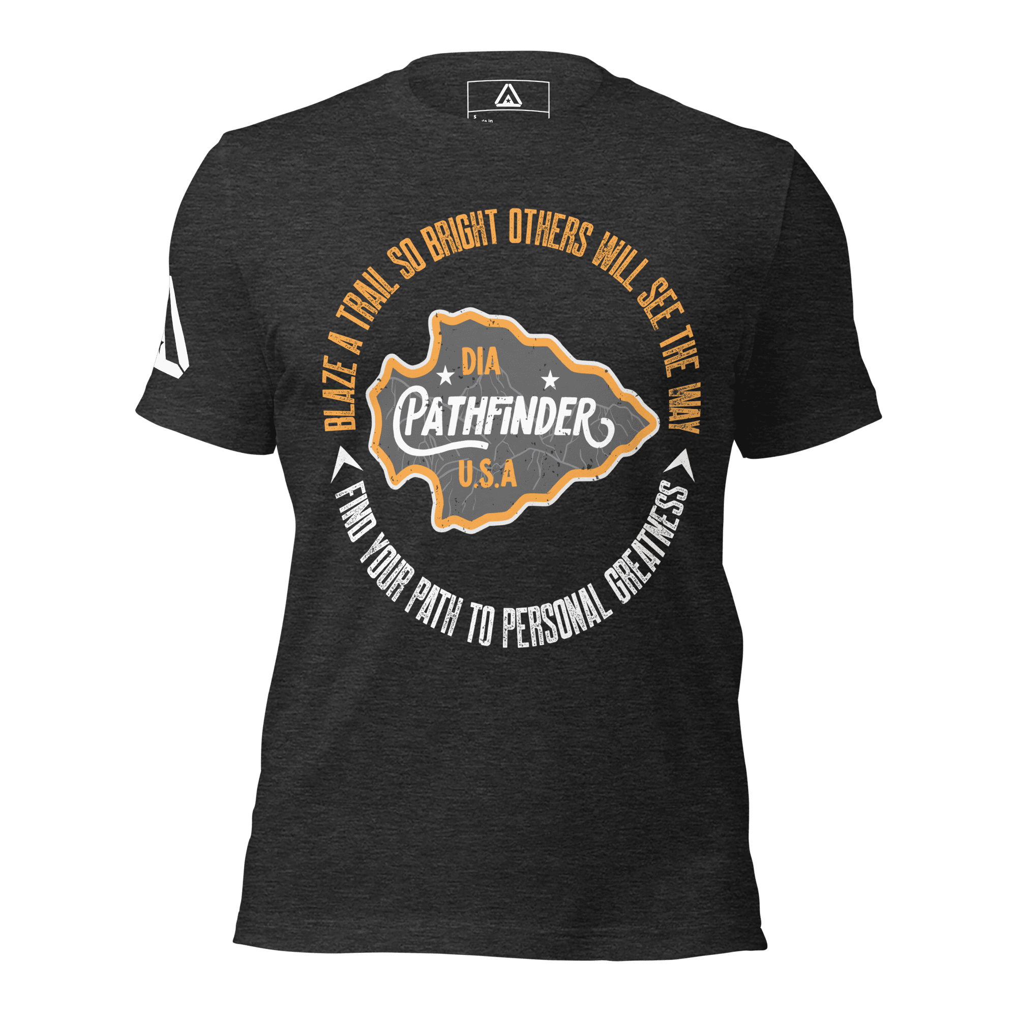 Charcoal t-shirt, front view, featuring a circular Pathfinder graphic on the chest and a DIA logo on the sleeve.