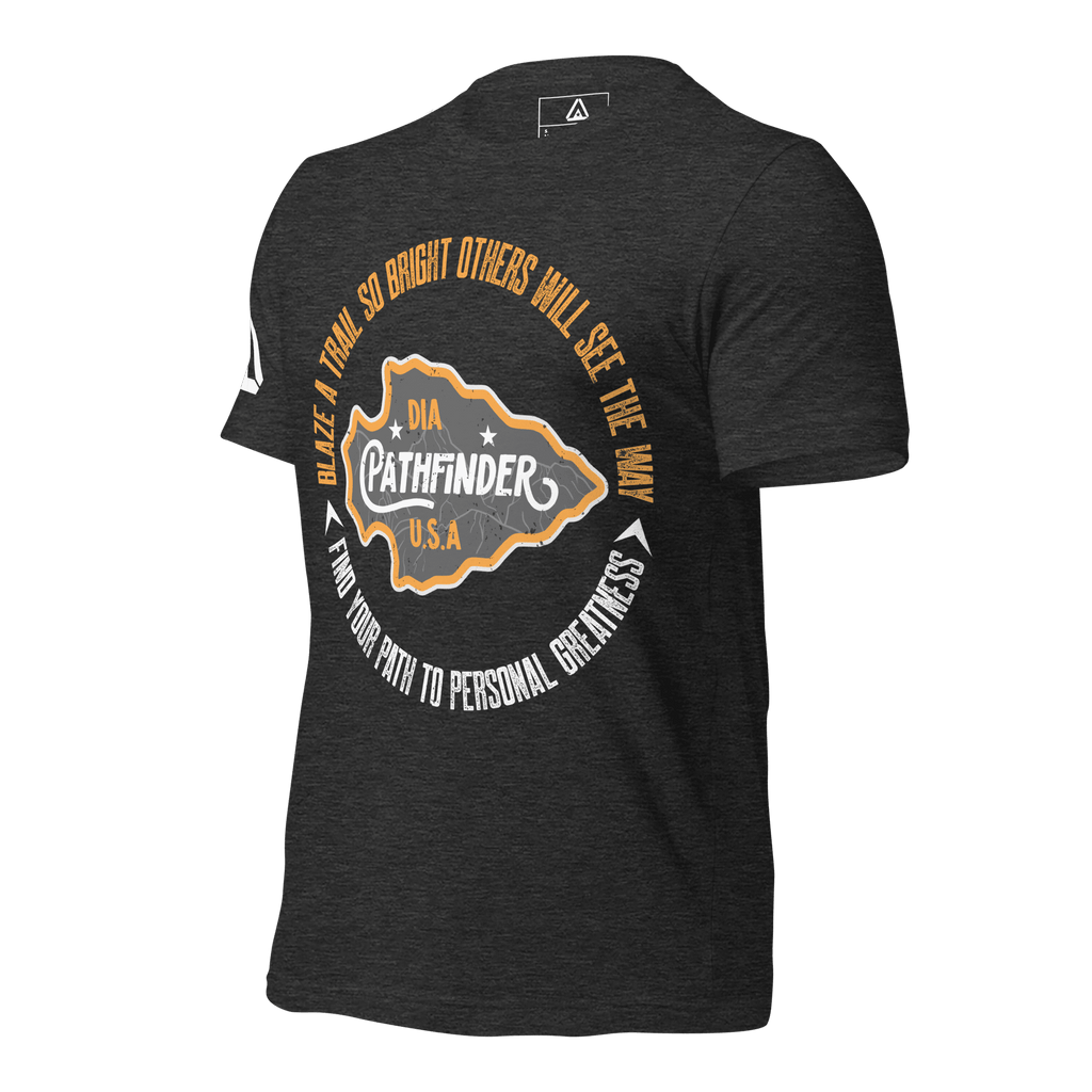 Dark gray heather, three-quarter view, with a circular Pathfinder graphic on the chest