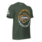 heather forrest green t-shirt, three-quarter view, featuring a circular Pathfinder graphic on the chest and a DIA logo.