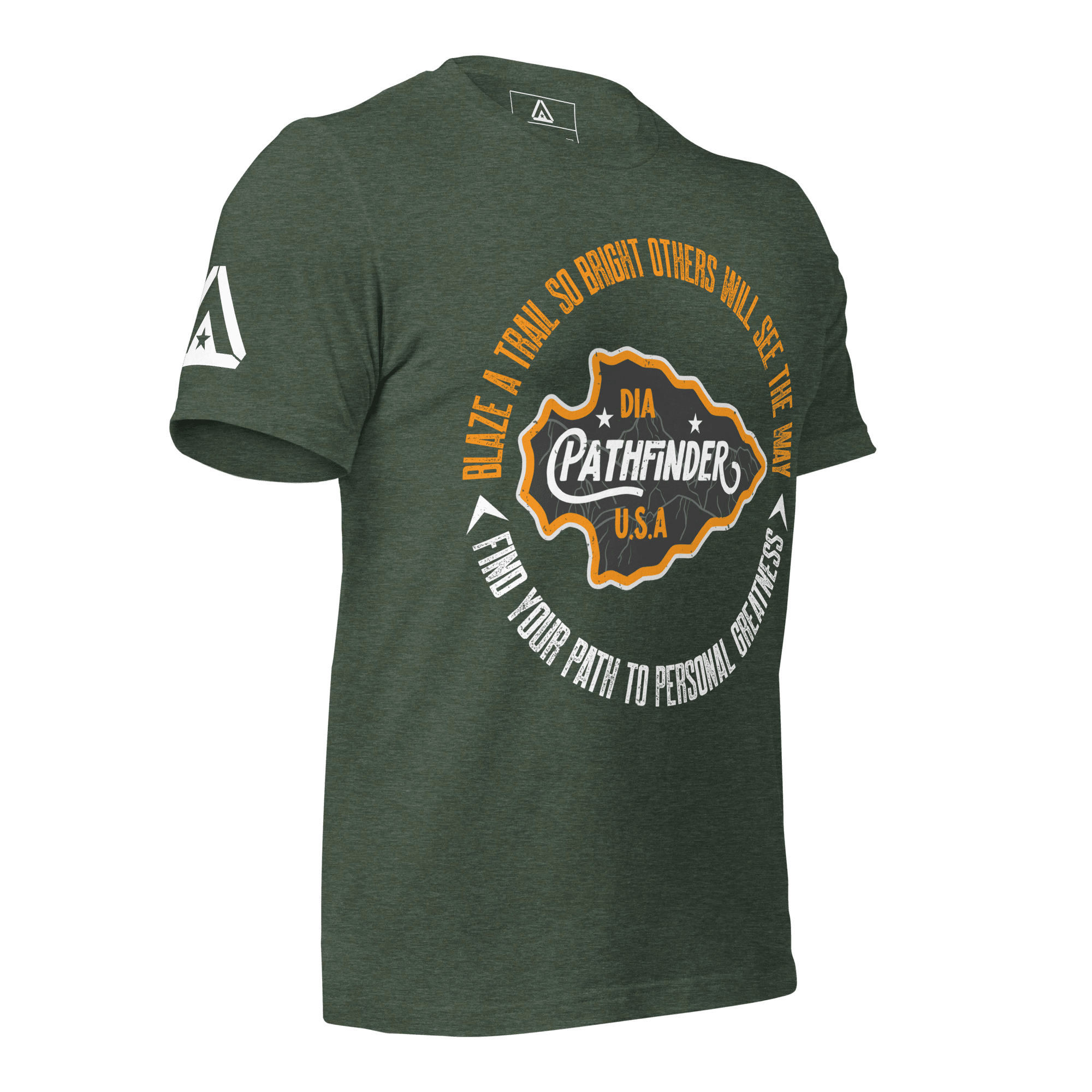 heather forrest green t-shirt, three-quarter view, featuring a circular Pathfinder graphic on the chest and a DIA logo.