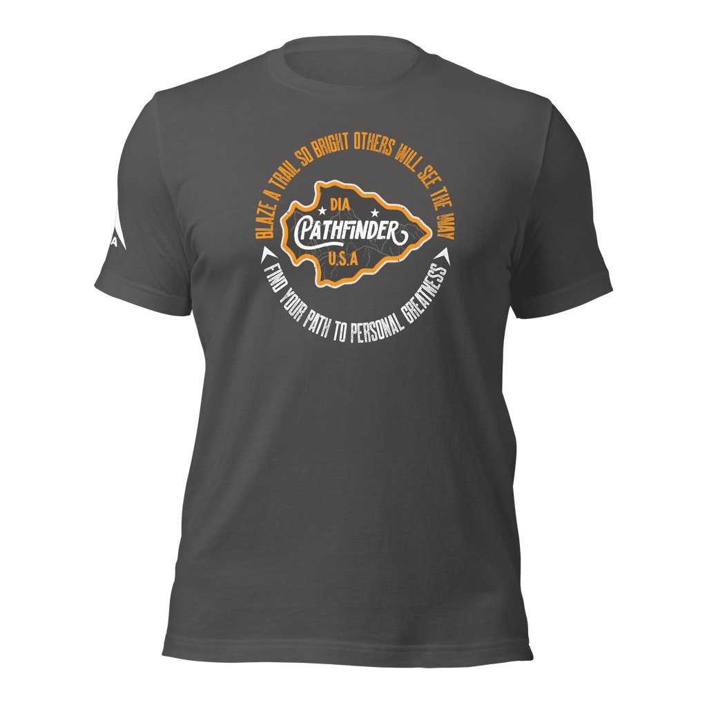 Front view of an asphalt gray Pathfinder t-shirt featuring a white DIA logo on the right sleeve.