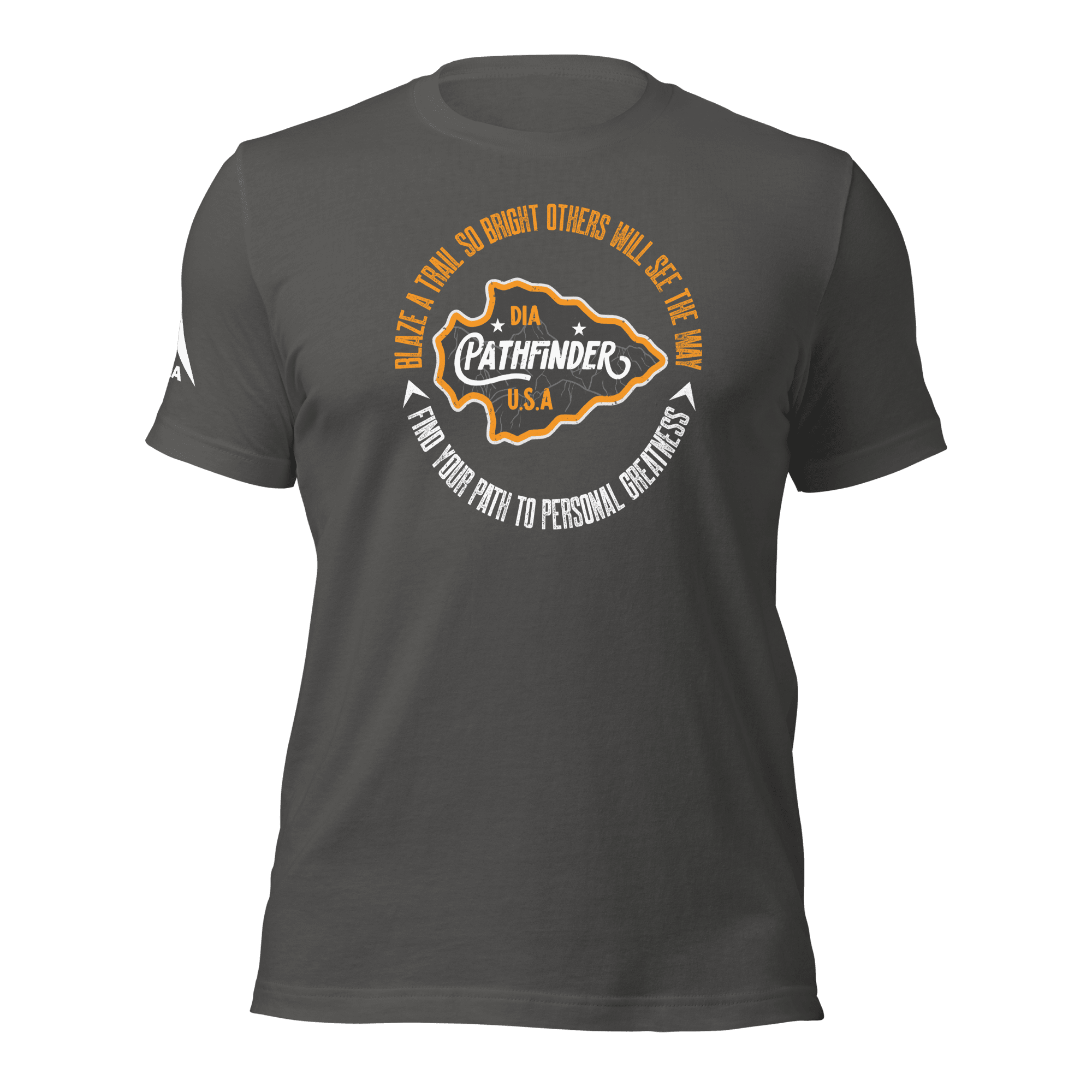 Front view of an asphalt gray Pathfinder t-shirt featuring a white DIA logo on the right sleeve.