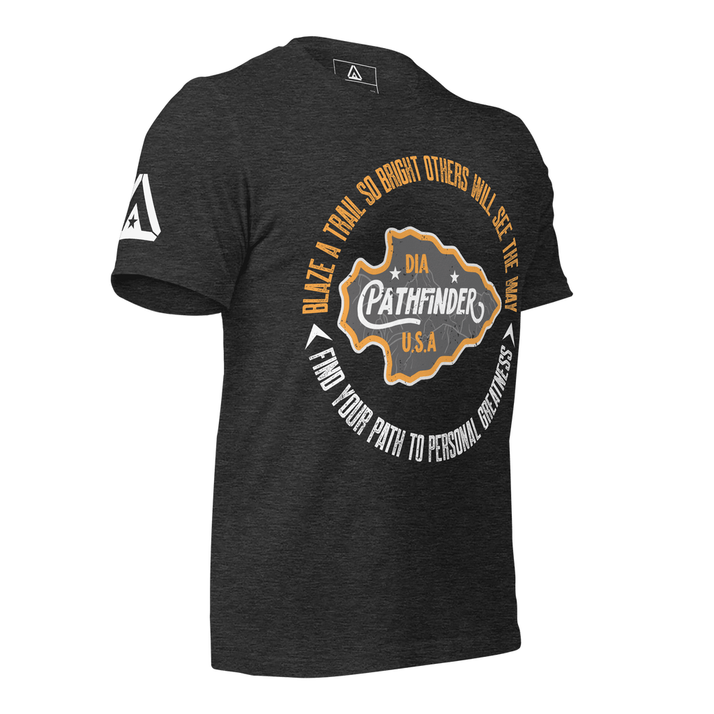 Dark grey heather t-shirt, three-quarter view, with a circular Pathfinder graphic on the chest and a DIA logo on the sleeve.