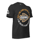 Dark grey heather t-shirt, three-quarter view, with a circular Pathfinder graphic on the chest and a DIA logo on the sleeve.