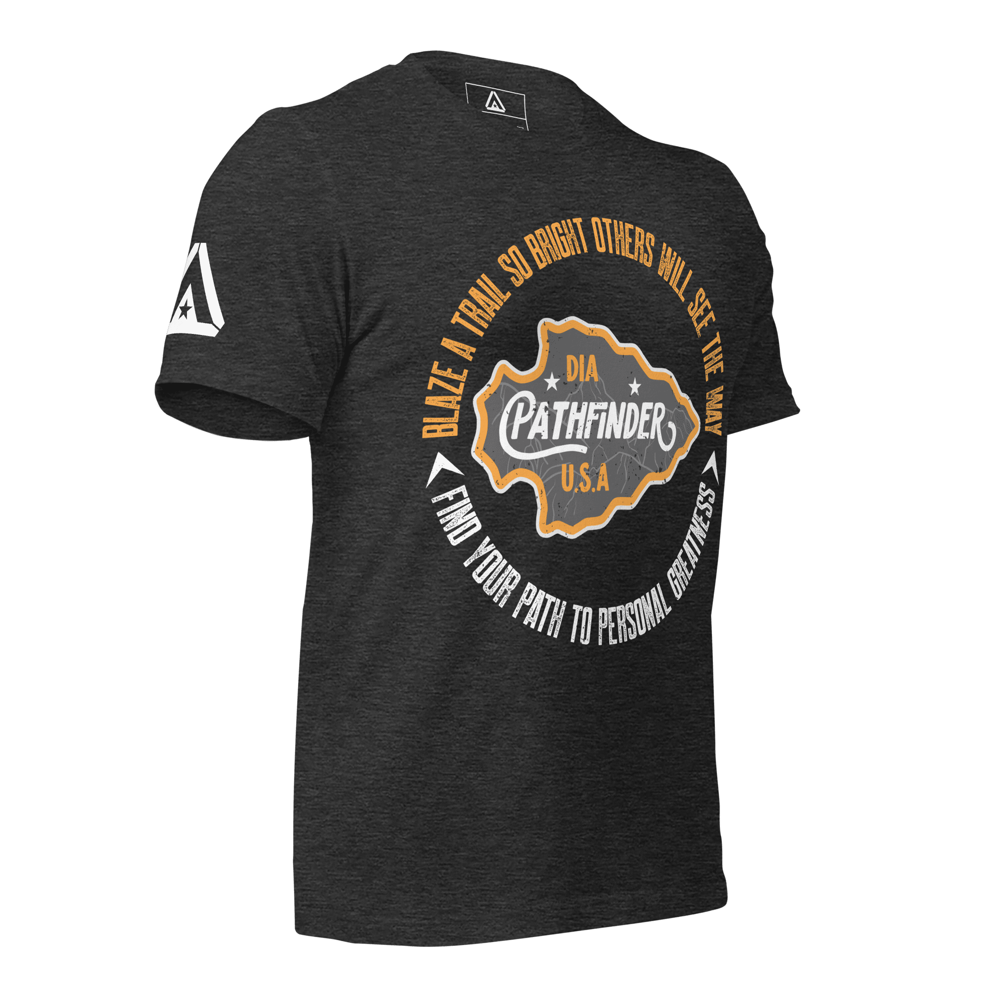 Dark grey heather t-shirt, three-quarter view, with a circular Pathfinder graphic on the chest and a DIA logo on the sleeve.