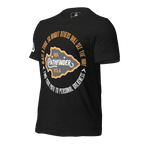 black heather t-shirt, black heather three-quarter view, featuring a circular Pathfinder graphic
