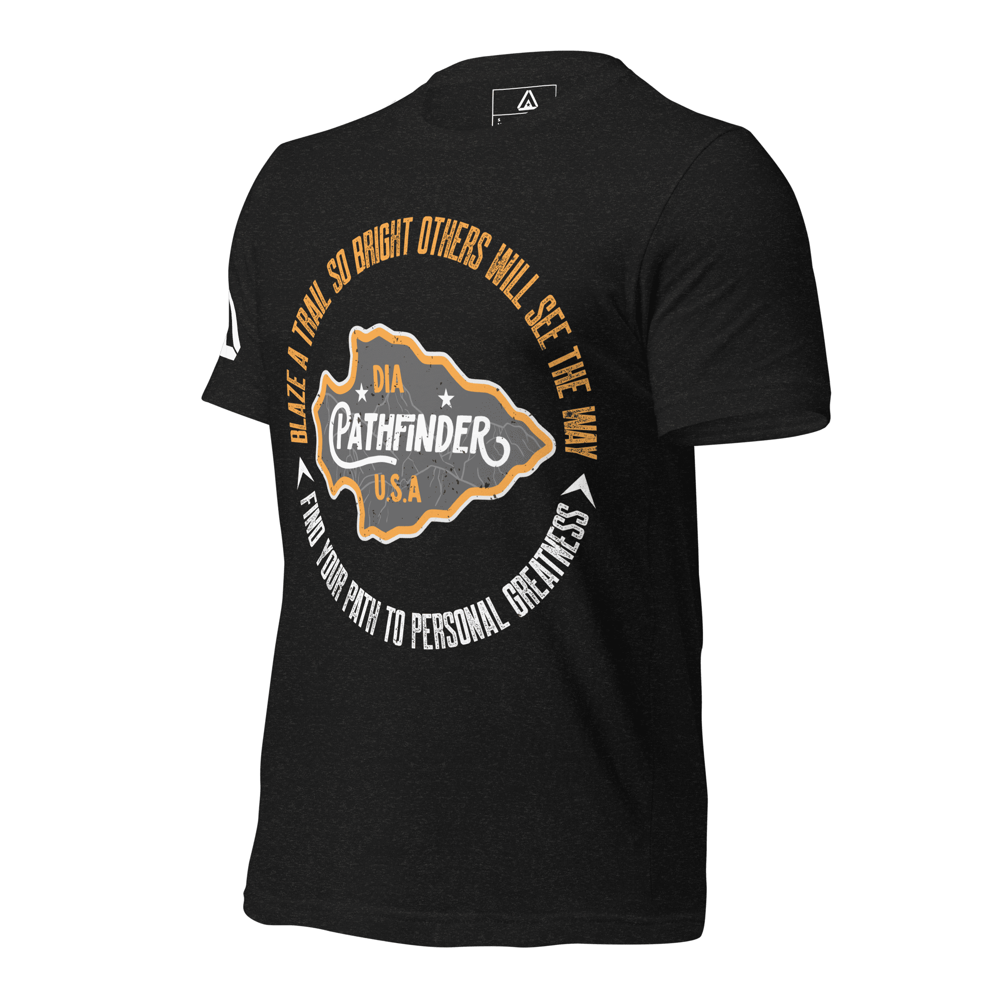 black heather t-shirt, black heather three-quarter view, featuring a circular Pathfinder graphic