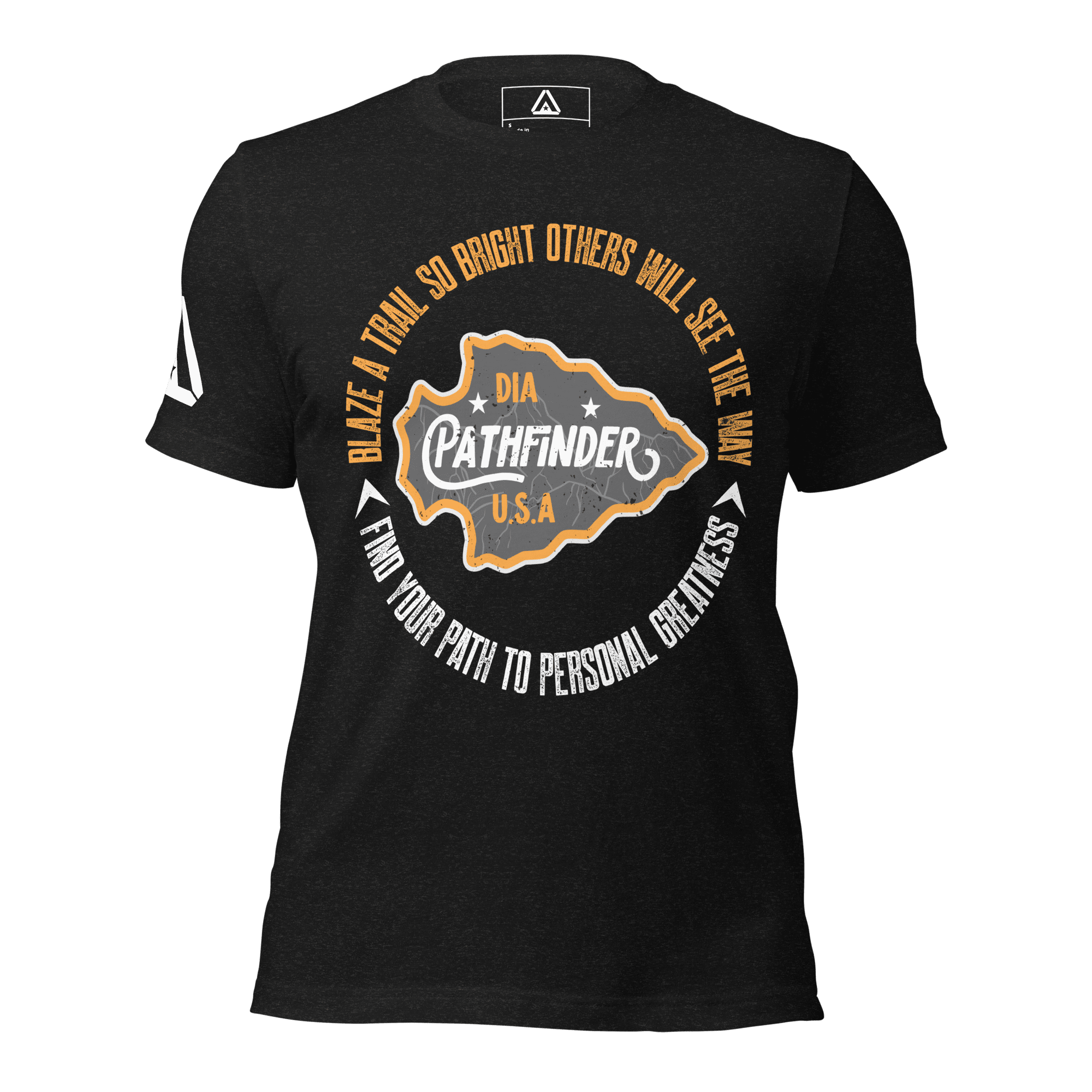 Black t-shirt, front view, featuring an orange and white Pathfinder graphic and a DIA logo.