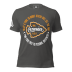 Front view of a charcoal-colored Pathfinder t-shirt, featuring a DIA logo on the sleeve and a graphic on the chest.