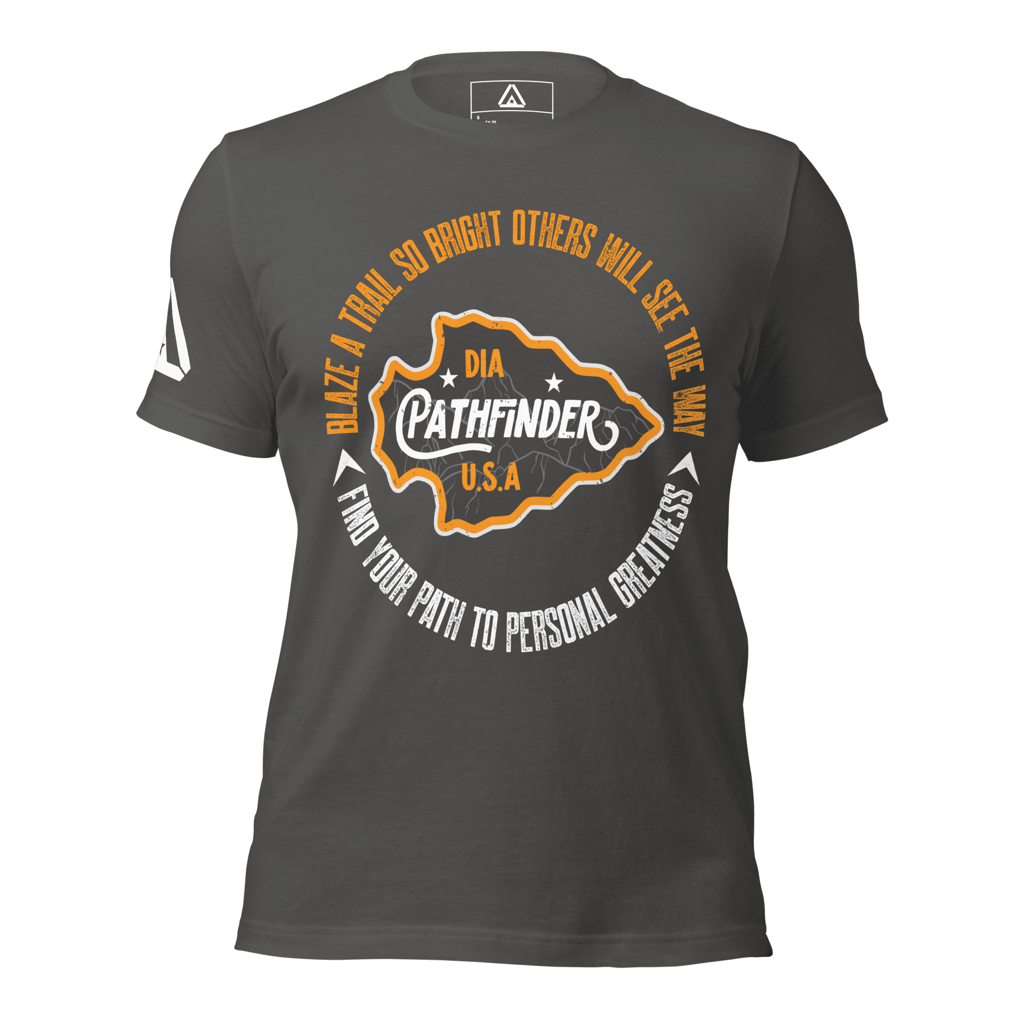 Front view of a charcoal-colored Pathfinder t-shirt, featuring a DIA logo on the sleeve and a graphic on the chest.