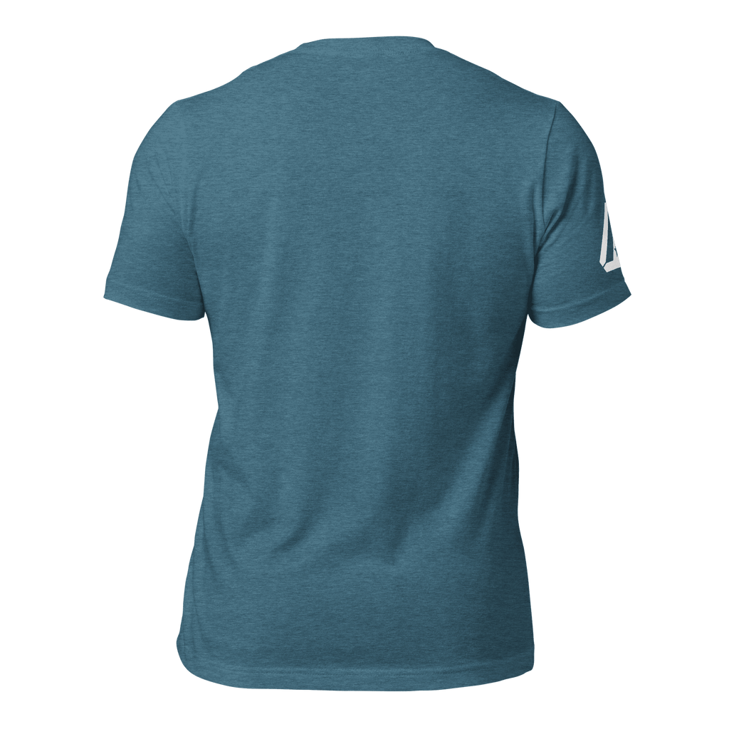 Heather deep teal blue t-shirt, back view, featuring a DIA logo on the sleeve.