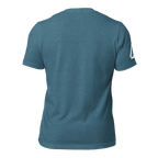 Heather deep teal blue t-shirt, back view, featuring a DIA logo on the sleeve.