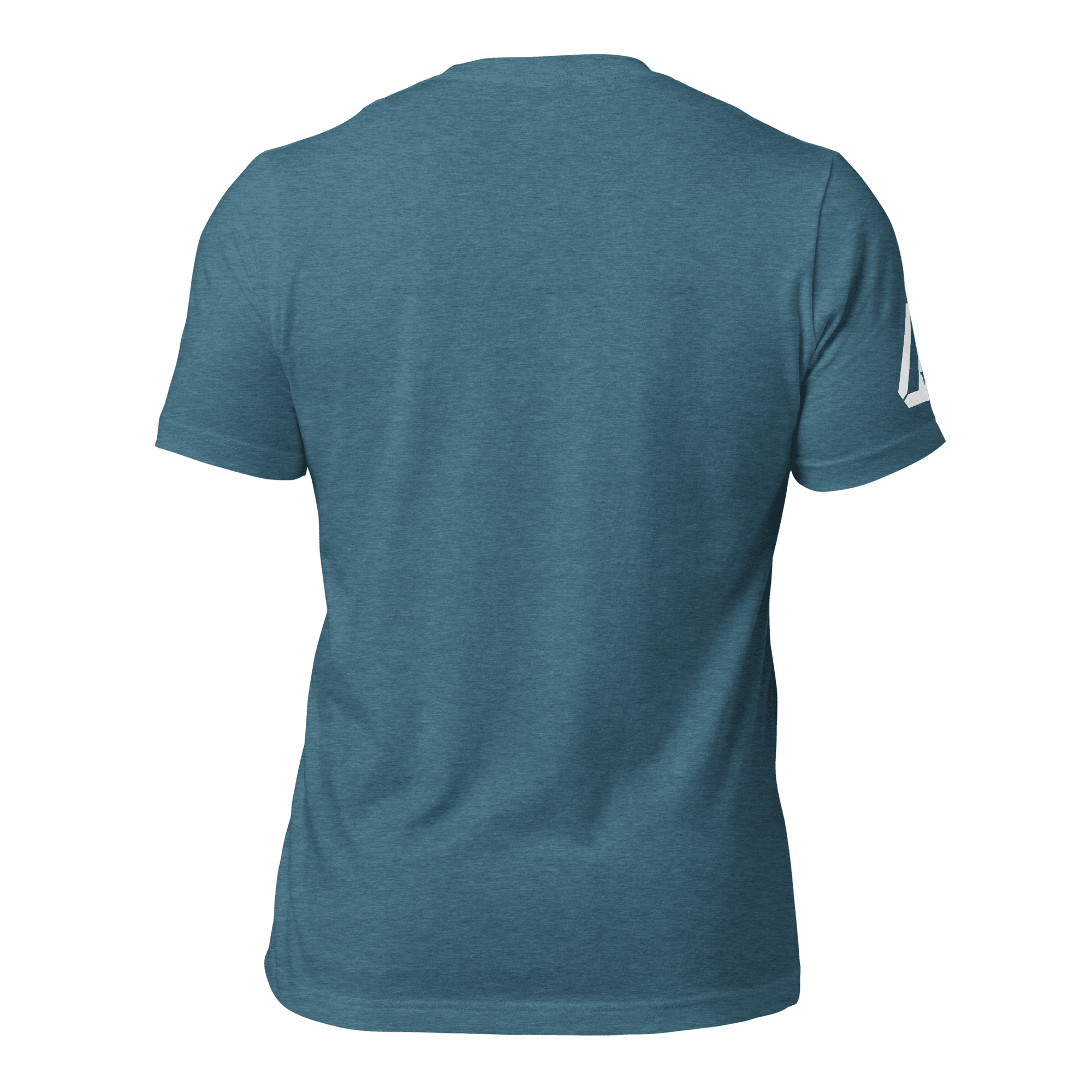 Heather deep teal blue t-shirt, back view, featuring a DIA logo on the sleeve.