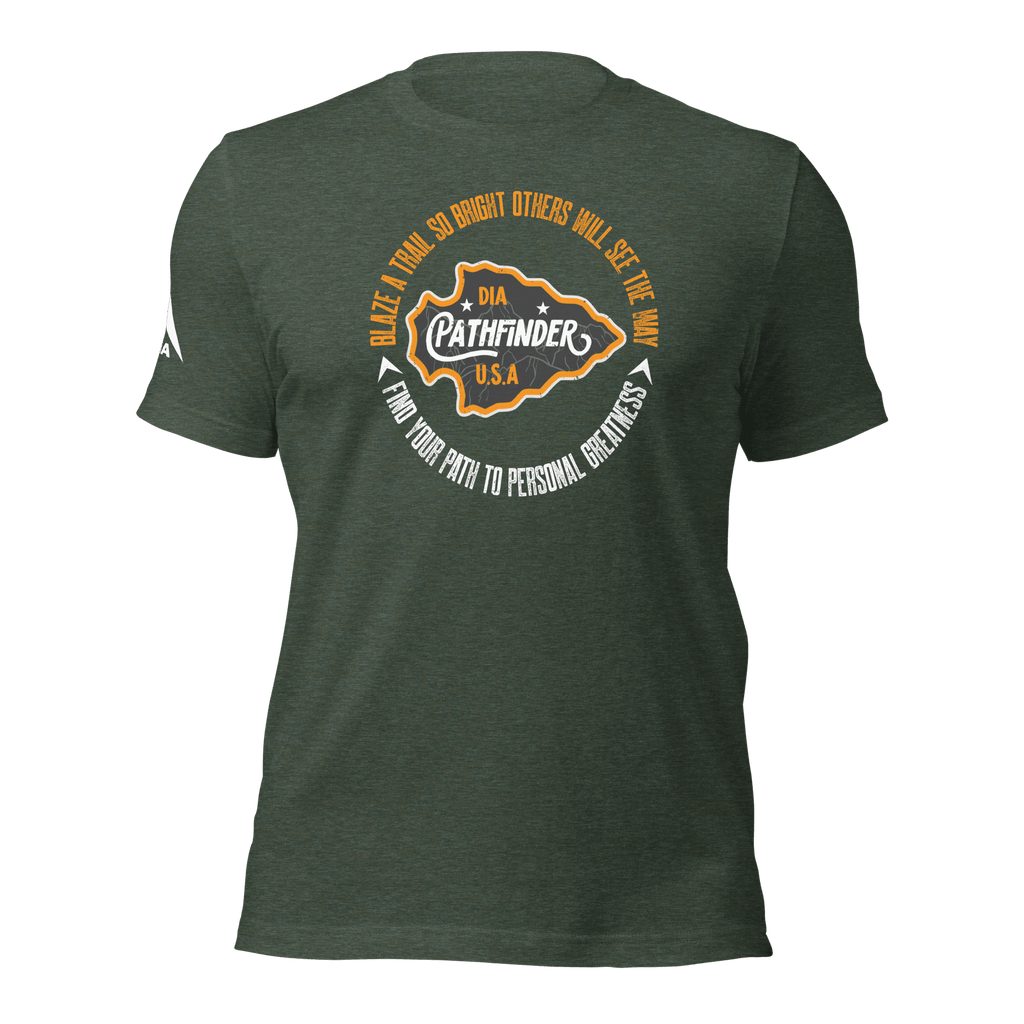 Front view of a heather forrest green Pathfinder t-shirt featuring a white DIA logo on the right sleeve.