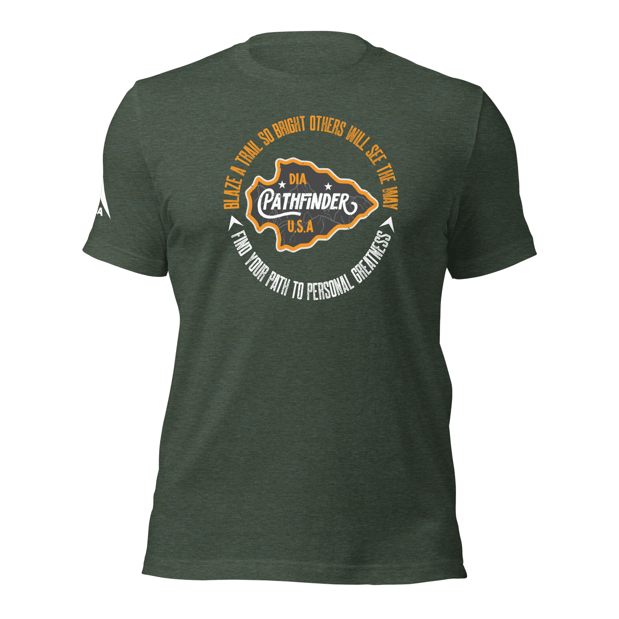 Front view of a heather forrest green Pathfinder t-shirt featuring a white DIA logo on the right sleeve.