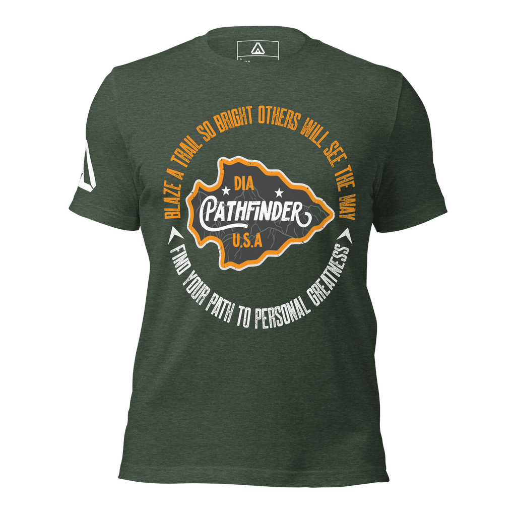 Olive green t-shirt, front view, featuring an orange and white circular Pathfinder graphic on the chest.