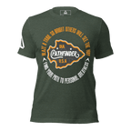 Olive green t-shirt, front view, featuring an orange and white circular Pathfinder graphic on the chest.
