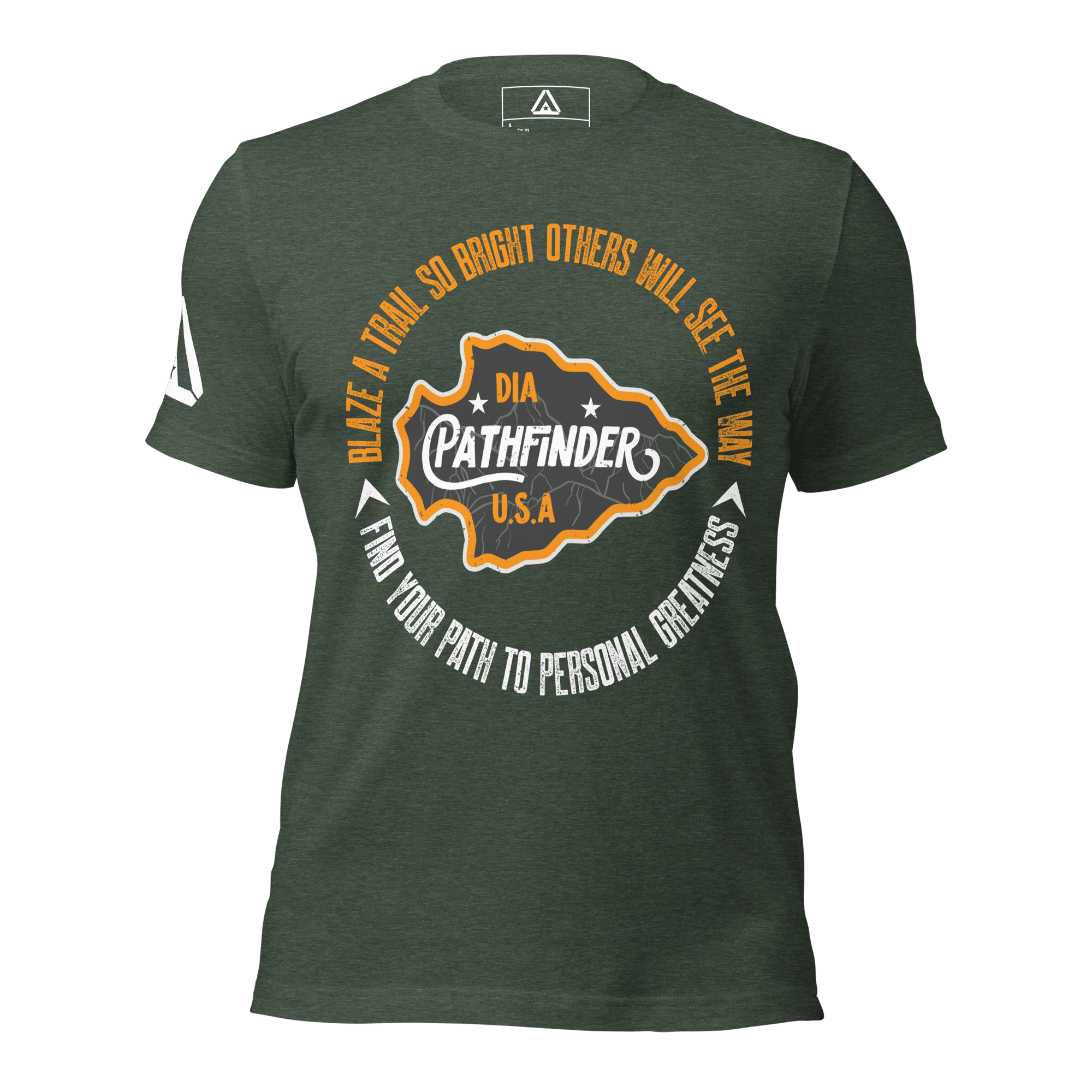 Olive green t-shirt, front view, featuring an orange and white circular Pathfinder graphic on the chest.