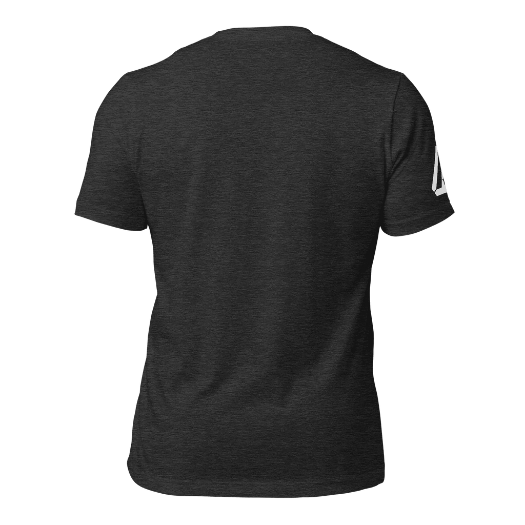 Dark grey heather heather t-shirt, back view, featuring a white DIA logo on the sleeve.