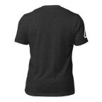 Dark grey heather heather t-shirt, back view, featuring a white DIA logo on the sleeve.