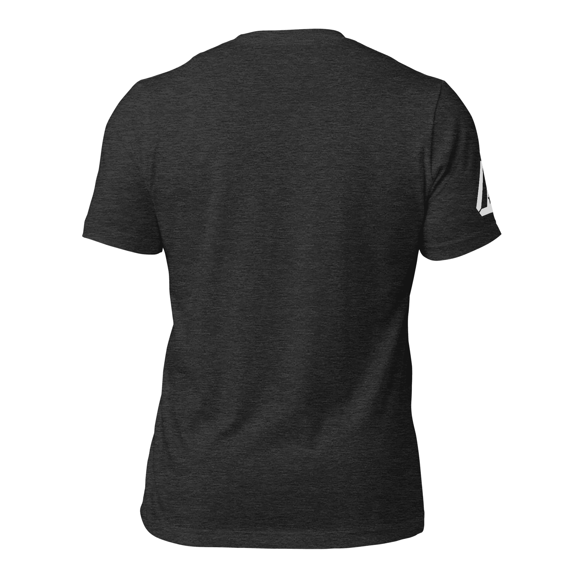 Dark grey heather heather t-shirt, back view, featuring a white DIA logo on the sleeve.
