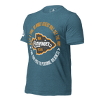 Heather deep teal blue t-shirt, three-quarter view, featuring an orange and white Pathfinder graphic on the chest.