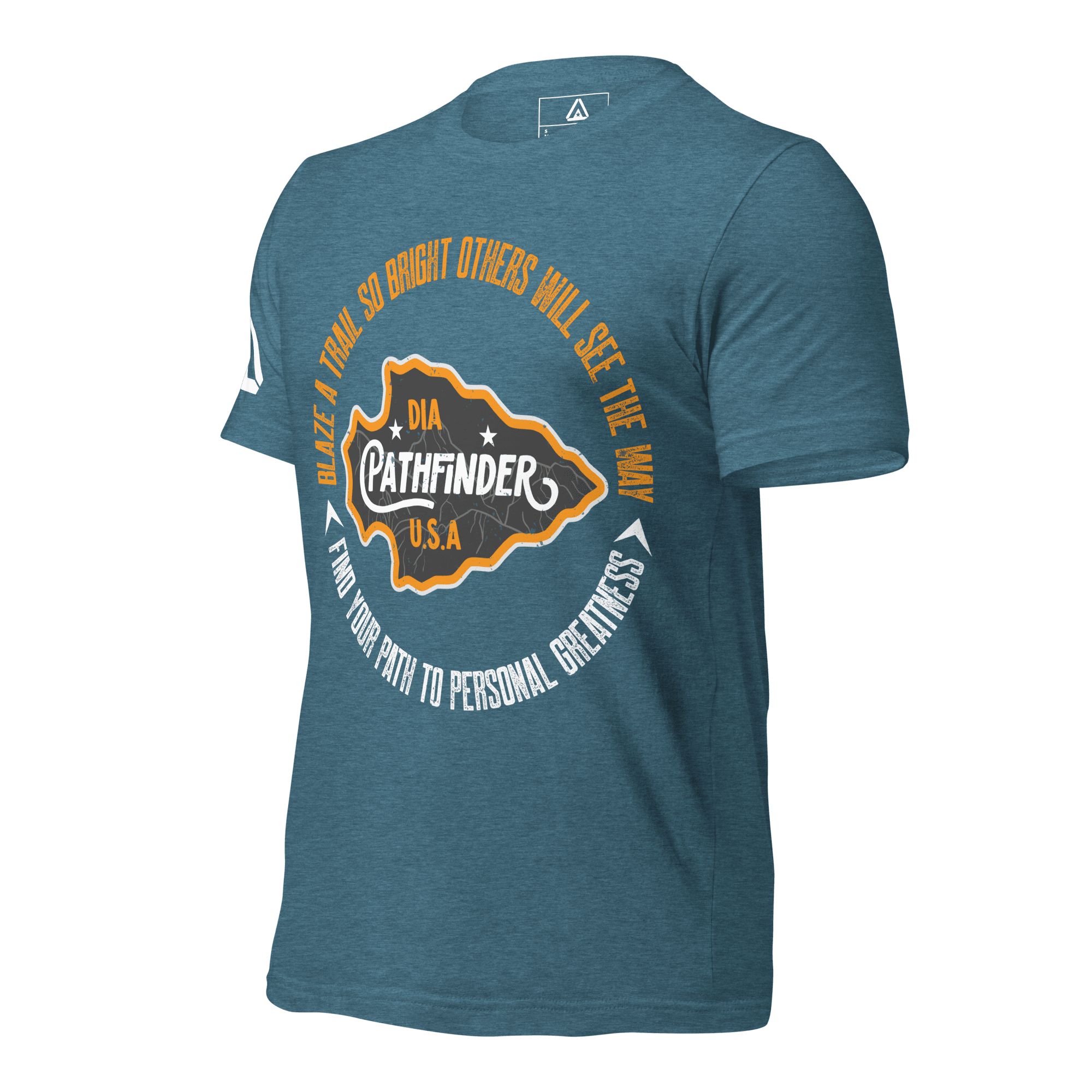 Heather deep teal blue t-shirt, three-quarter view, featuring an orange and white Pathfinder graphic on the chest.