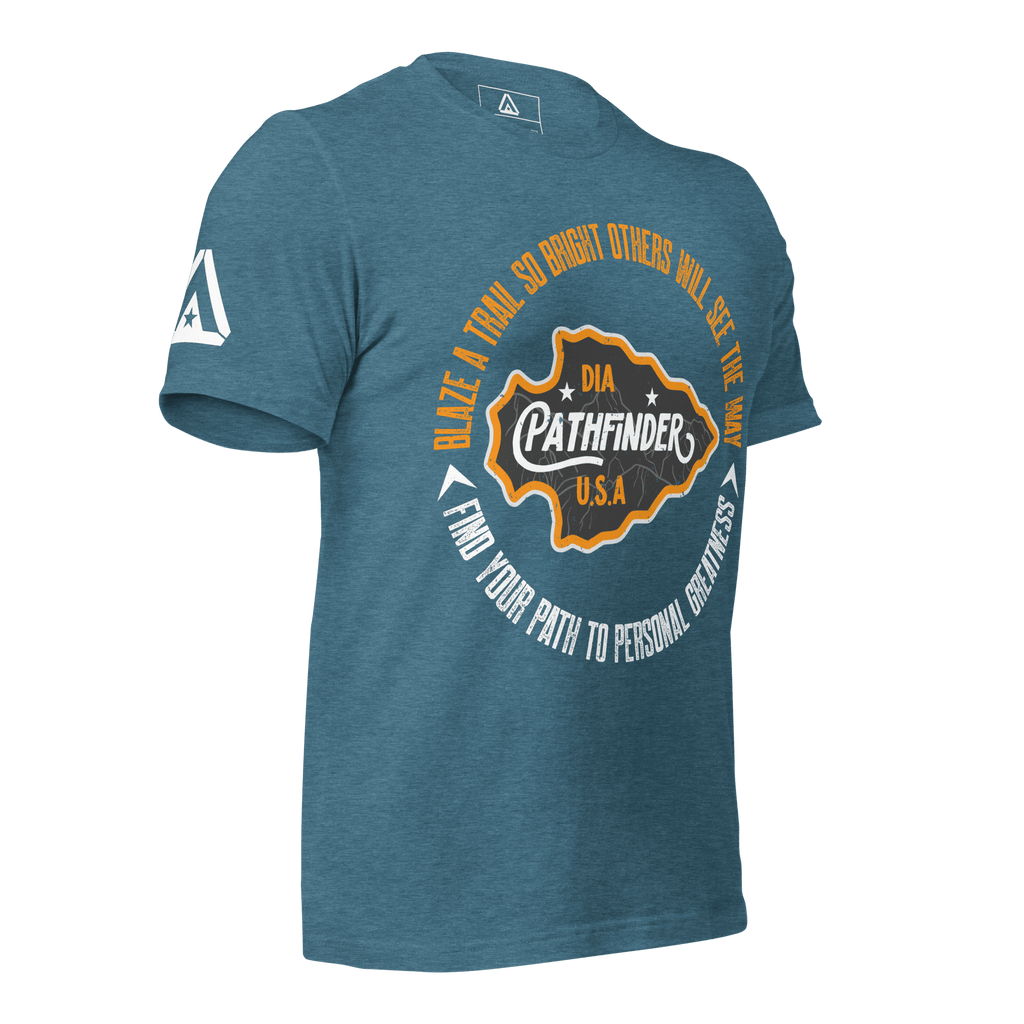 Heather deep teal blue t-shirt, three-quarter view, featuring an orange and white Pathfinder graphic and a DIA logo.