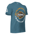 Heather deep teal blue t-shirt, three-quarter view, featuring an orange and white Pathfinder graphic and a DIA logo.