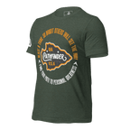 heather forrest green t-shirt, three-quarter view, featuring an orange and white circular Pathfinder graphic on the chest.