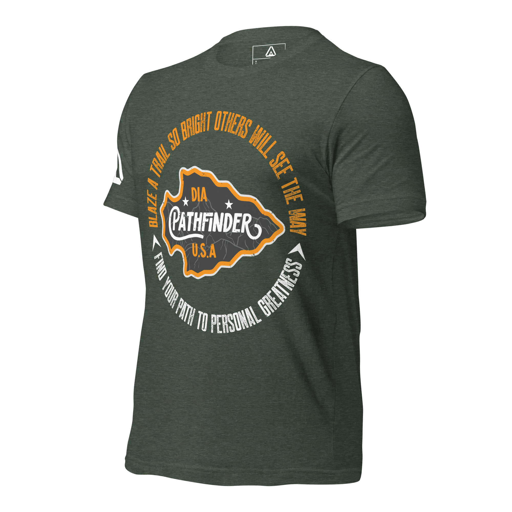 heather forrest green t-shirt, three-quarter view, featuring an orange and white circular Pathfinder graphic on the chest.