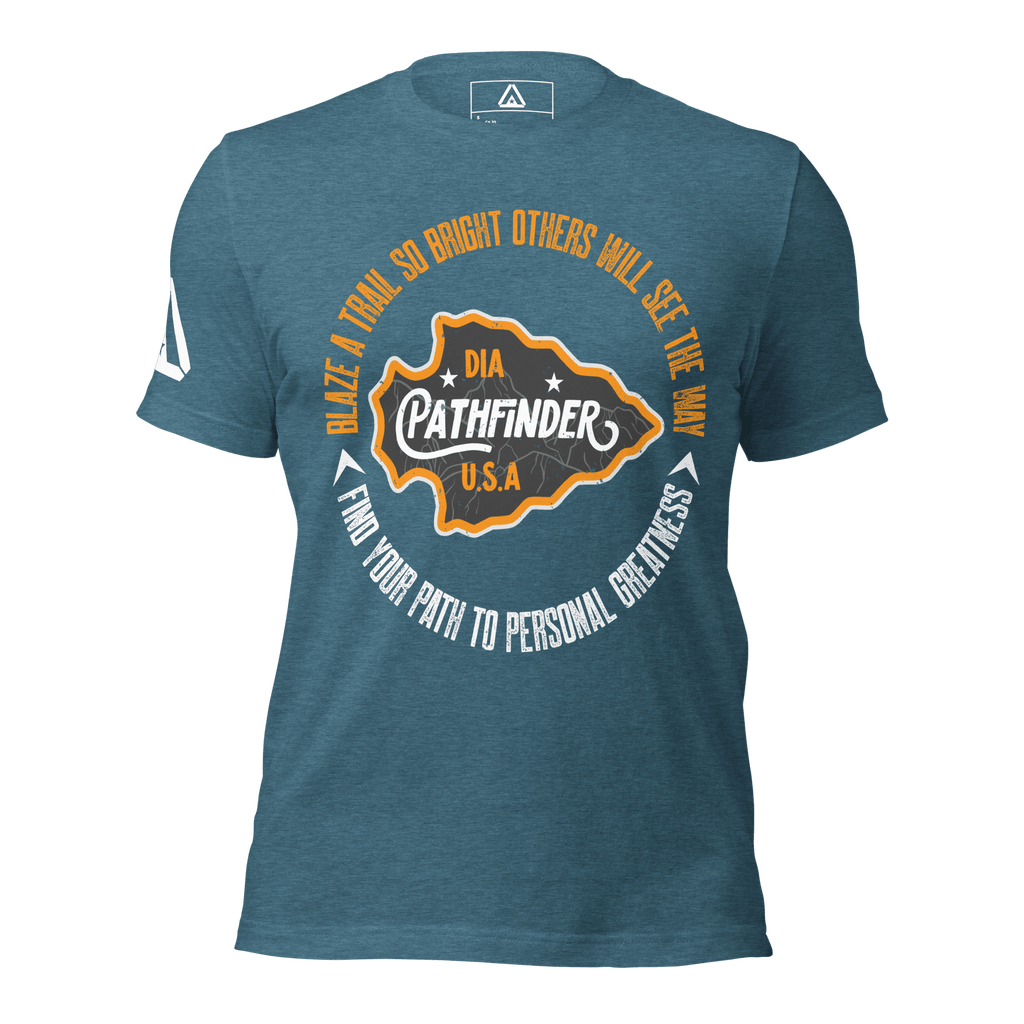 A Heather deep teal blue t-shirt, front view, with an orange and white Pathfinder graphic and white DIA logo on the sleeve.