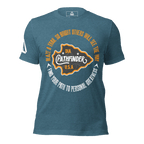 A Heather deep teal blue t-shirt, front view, with an orange and white Pathfinder graphic and white DIA logo on the sleeve.