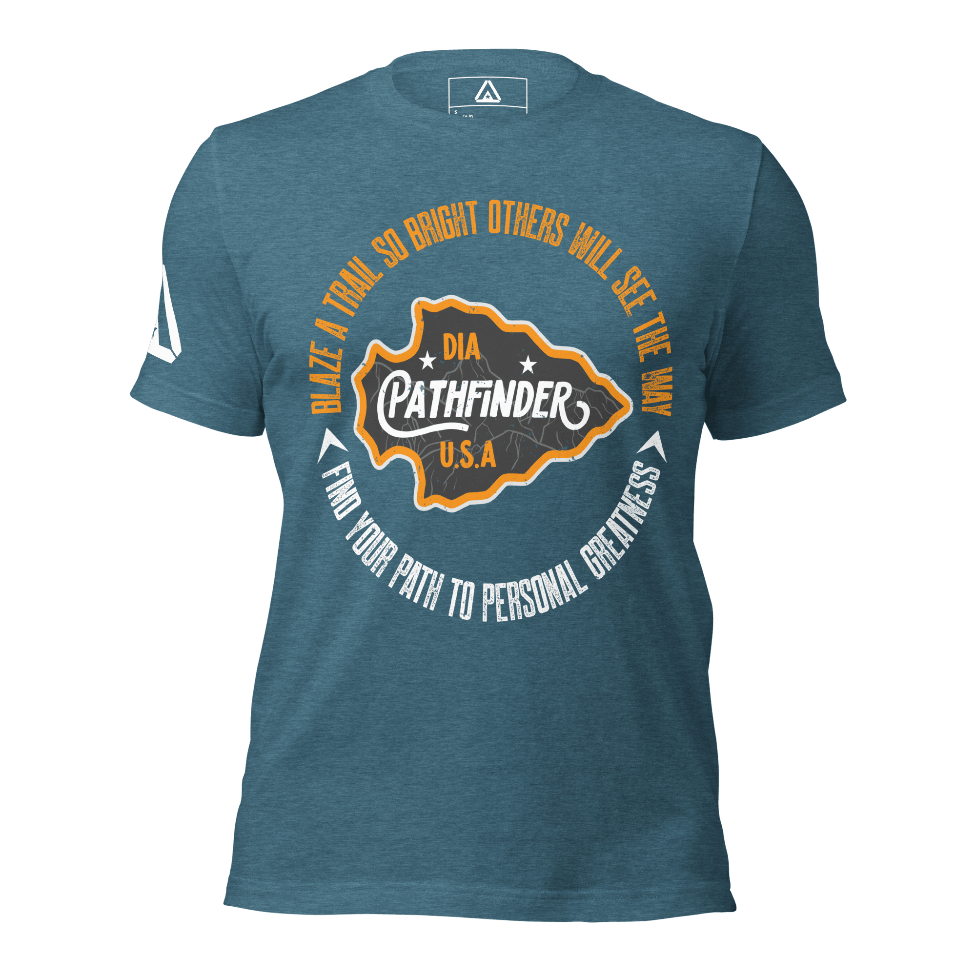 A Heather deep teal blue t-shirt, front view, with an orange and white Pathfinder graphic and white DIA logo on the sleeve.