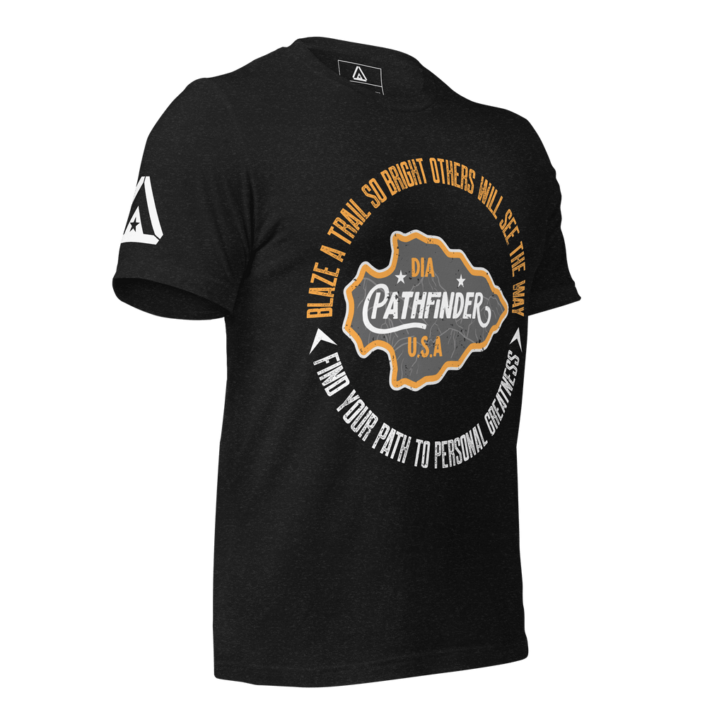 black heather t-shirt, three-quarter view, featuring a circular Pathfinder graphic and a DIA logo.