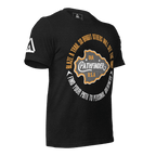 black heather t-shirt, three-quarter view, featuring a circular Pathfinder graphic and a DIA logo.