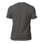 asphalt gray t-shirt, back view, featuring a DIA logo on the sleeve.