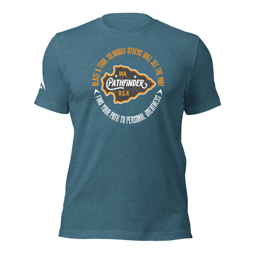 Heather deep teal blue t-shirt, front view, with an orange and white Pathfinder graphic and a white DIA logo on the sleeve.