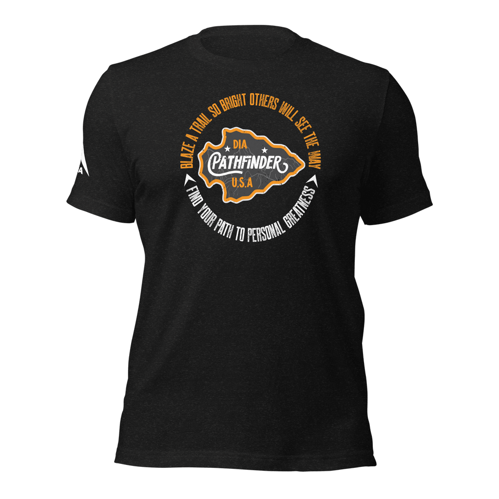 Front view of a black heather Pathfinder t-shirt featuring a white DIA logo on the right sleeve.