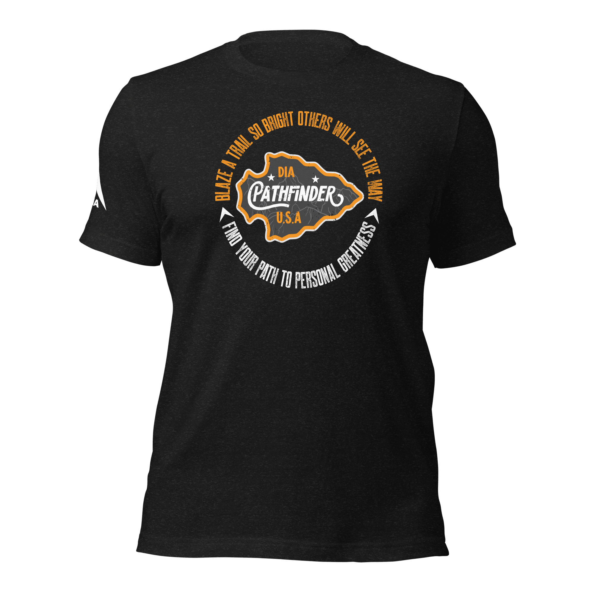 Front view of a black heather Pathfinder t-shirt featuring a white DIA logo on the right sleeve.