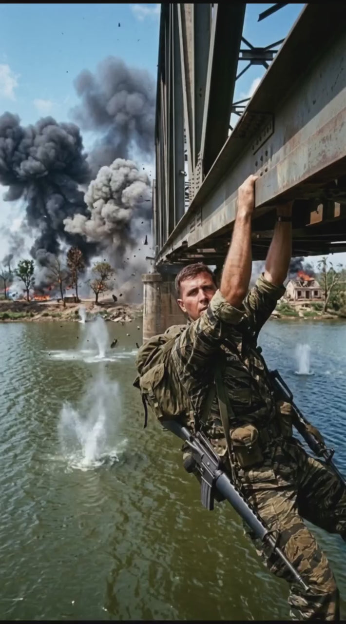 Soldier in tigerstripe camo, hanging from a metal bridge over a river, with large explosions bursting in the background.
