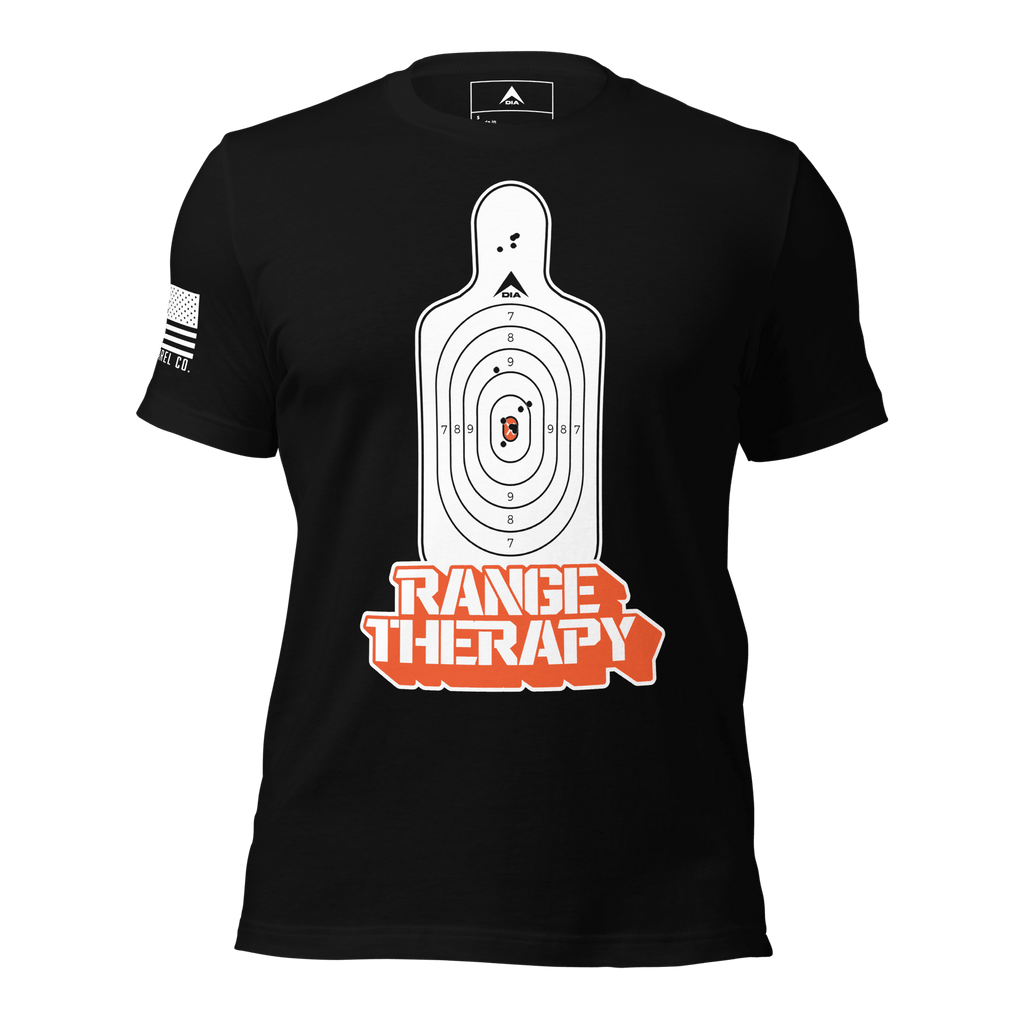 Black t-shirt featuring a white silhouette target graphic with orange "RANGE THERAPY" text and a white American flag.