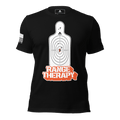 Black t-shirt featuring a white silhouette target graphic with orange "RANGE THERAPY" text and a white American flag.
