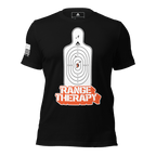 Black t-shirt featuring a white silhouette target graphic with orange "RANGE THERAPY" text and a white American flag.