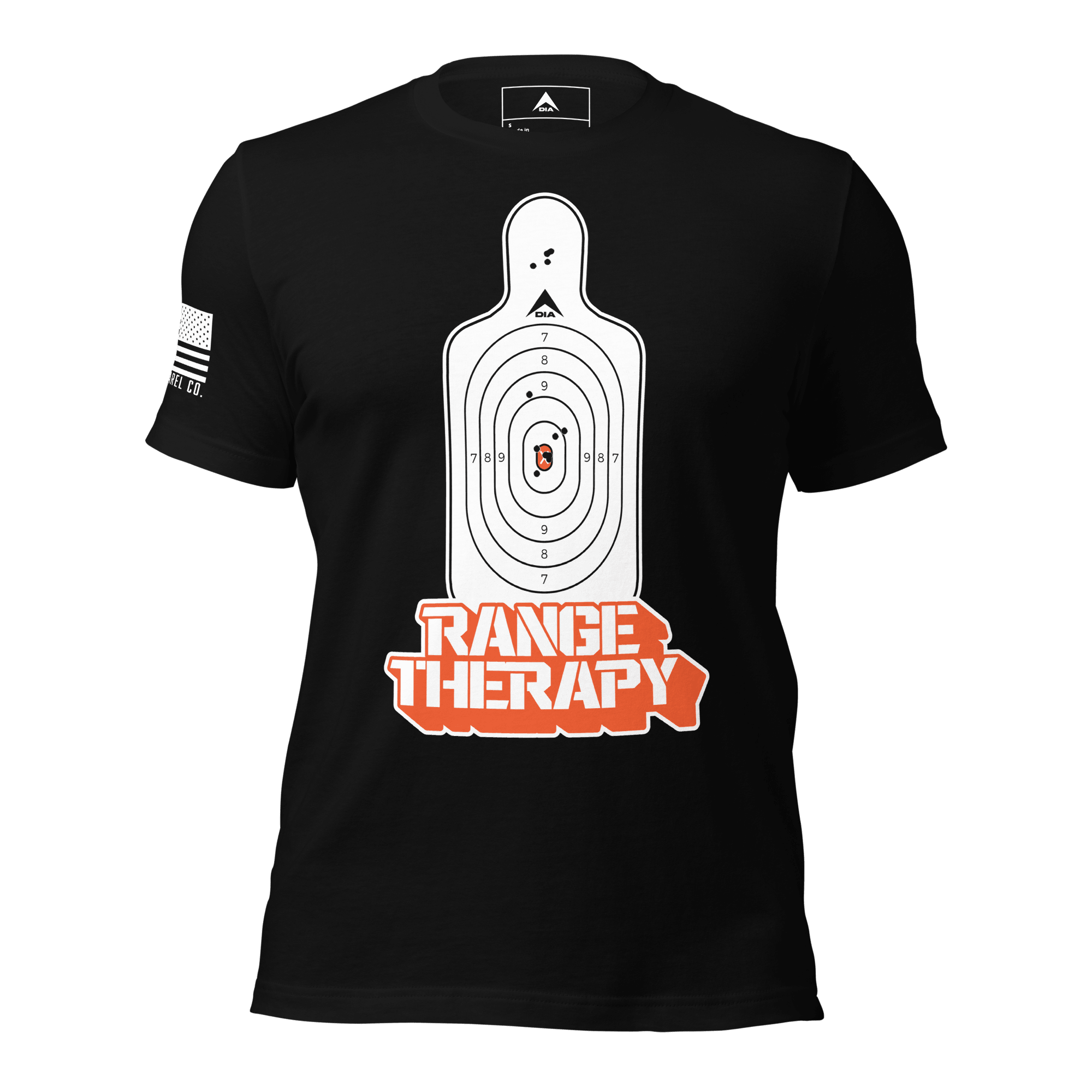 Black t-shirt featuring a white silhouette target graphic with orange "RANGE THERAPY" text and a white American flag.