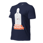 Navy blue t-shirt angled right featuring a white target graphic, orange "RANGE THERAPY" text, and white sleeve flag.