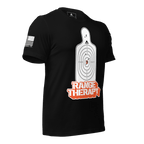 Black t-shirt angled left featuring a white silhouette target, orange "RANGE THERAPY" text, and a white American flag.