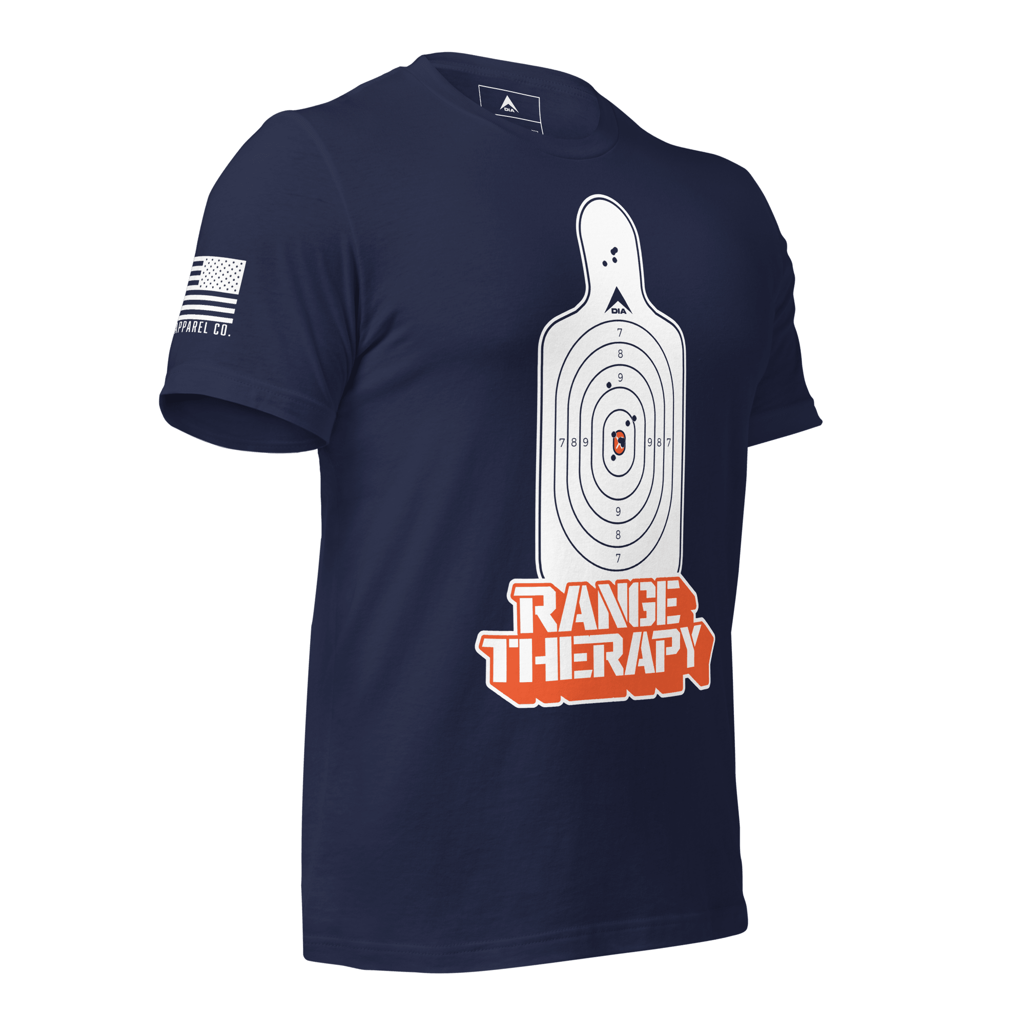 Navy blue t-shirt angled left featuring a white silhouette target, orange "RANGE THERAPY" text, and a white sleeve flag.
