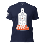 Navy blue t-shirt featuring a white silhouette target graphic with orange "RANGE THERAPY" text and a white sleeve flag.